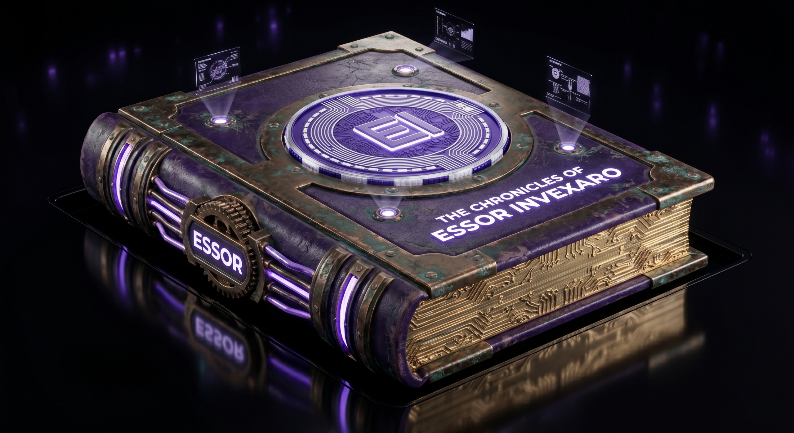 The Chronicles of Essor Invexaro – A futuristic digital book representing the core logic of the best AI trade bot and professional crypto bundles.