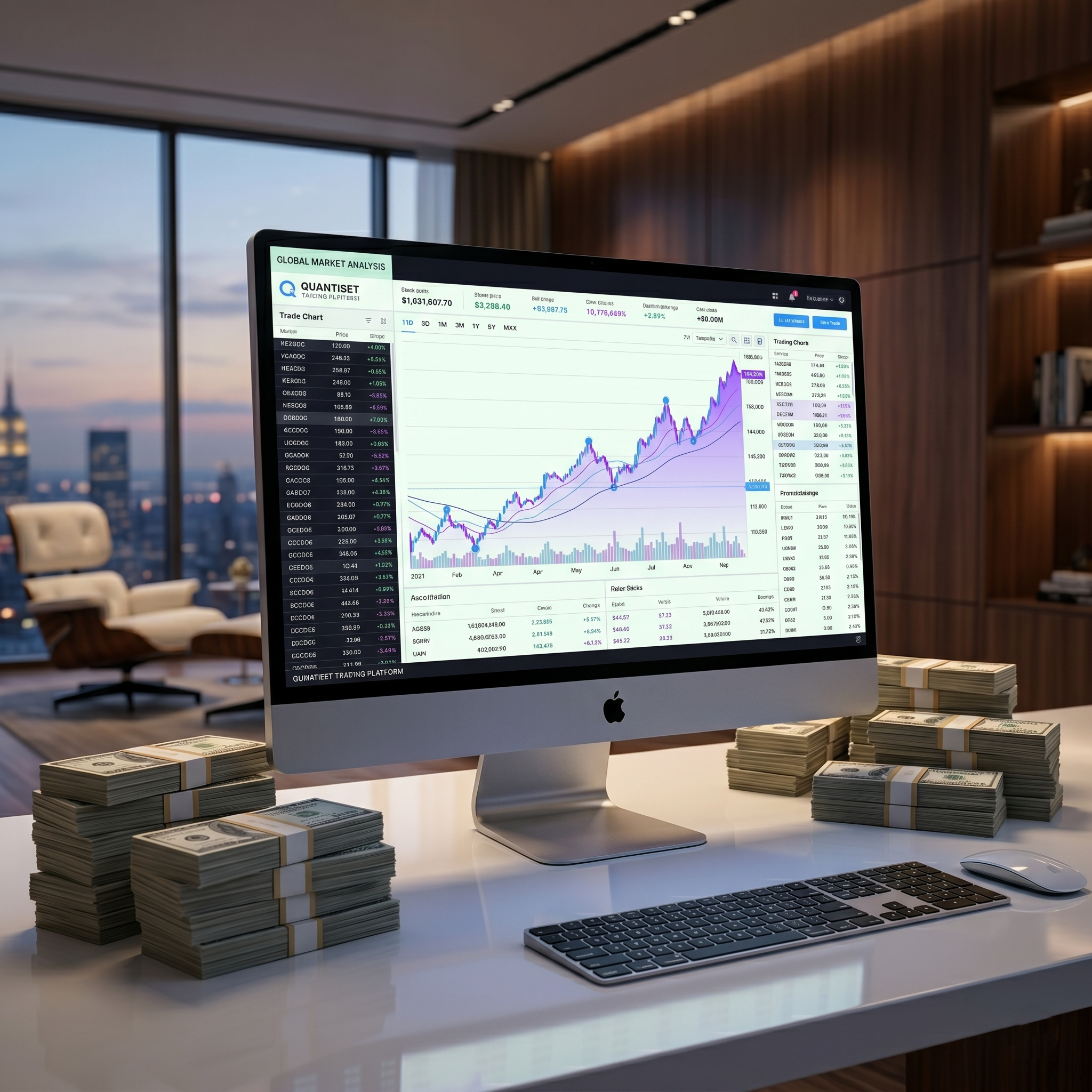 Essor Invexaro AI trade bot dashboard showing successful day trading profits and market analysis on a premium desktop setup.