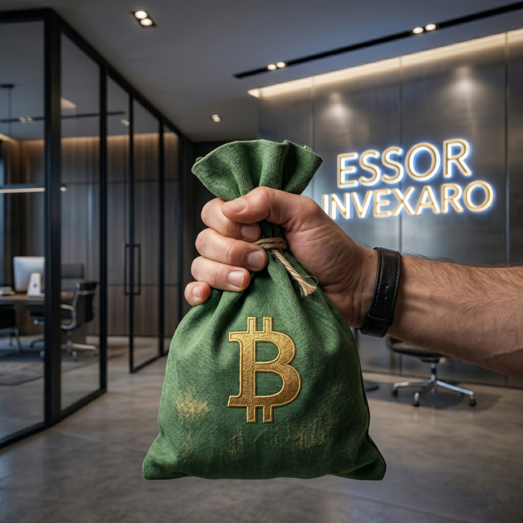 Essor Invexaro official office. A man holds a green bag full of Bitcoin, showing wealth from crypto bundles and secure investments.