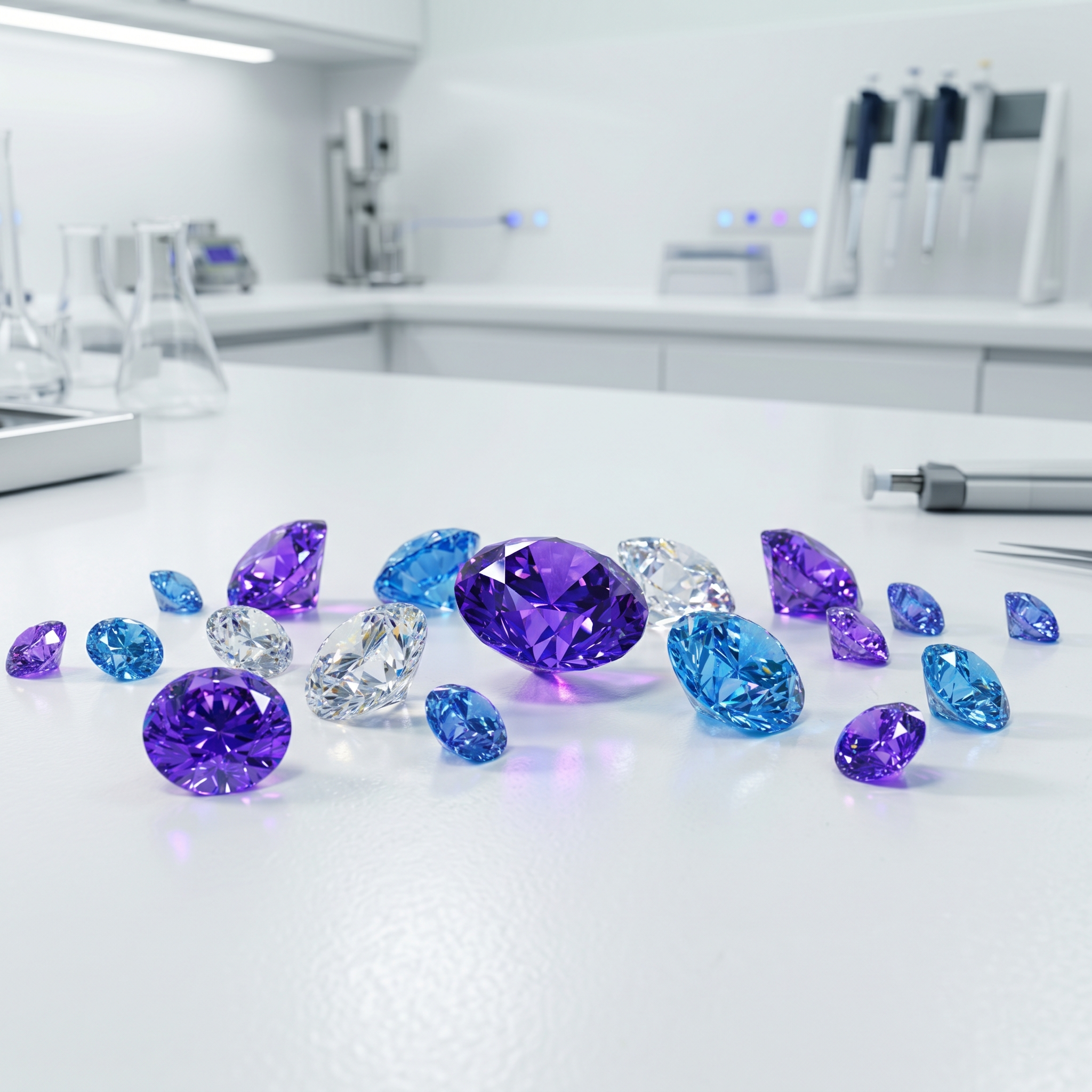 A precise collection of purple and blue laboratory-grown diamonds resting on a clean white countertop in a high-tech diamond research and development lab. This image illustrates the secure, advanced technology behind Essor Invexaro's AI trade bots and crypto bundles.