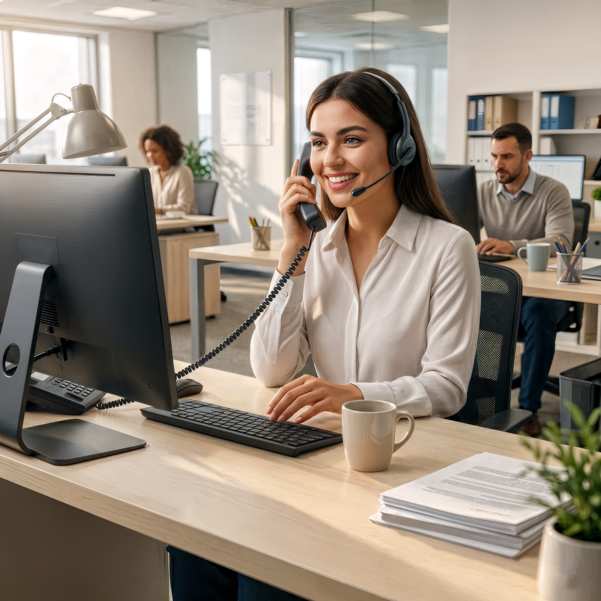 A friendly female customer support representative smiling and talking on a headset in a professional office, assisting a client with Essor Invexaro’s official AI trade bot setup and investment solutions.